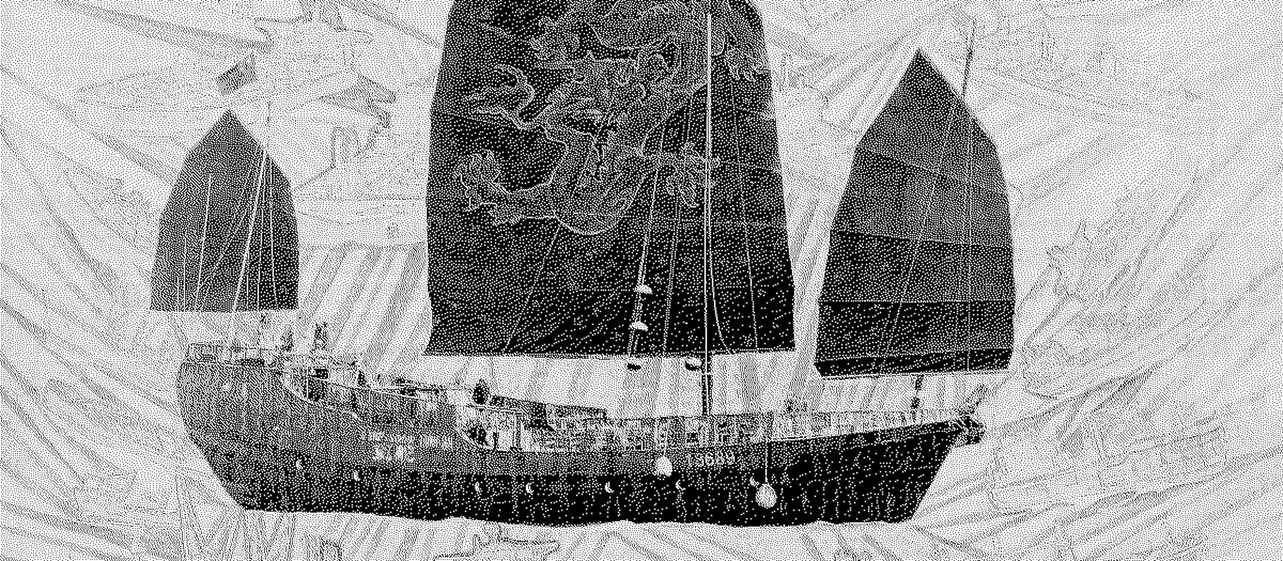 Installation. About a dozen masted ships and sailboats hang from the ceiling of a white-walled gallery to create a continuous procession. Some of the sails seem darkened with age, and the cabin of one long boat is rusted. Vines hang down from the boats.