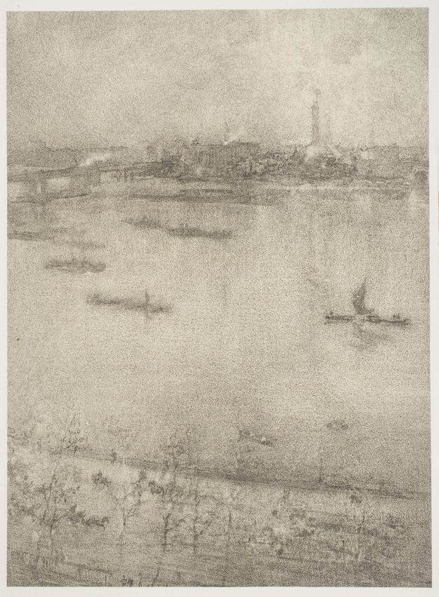 Print. A view of a town on the far side of a river is only slightly darker than the water and sky around it, making this vertical lithotint nearly a single, silvery tone.