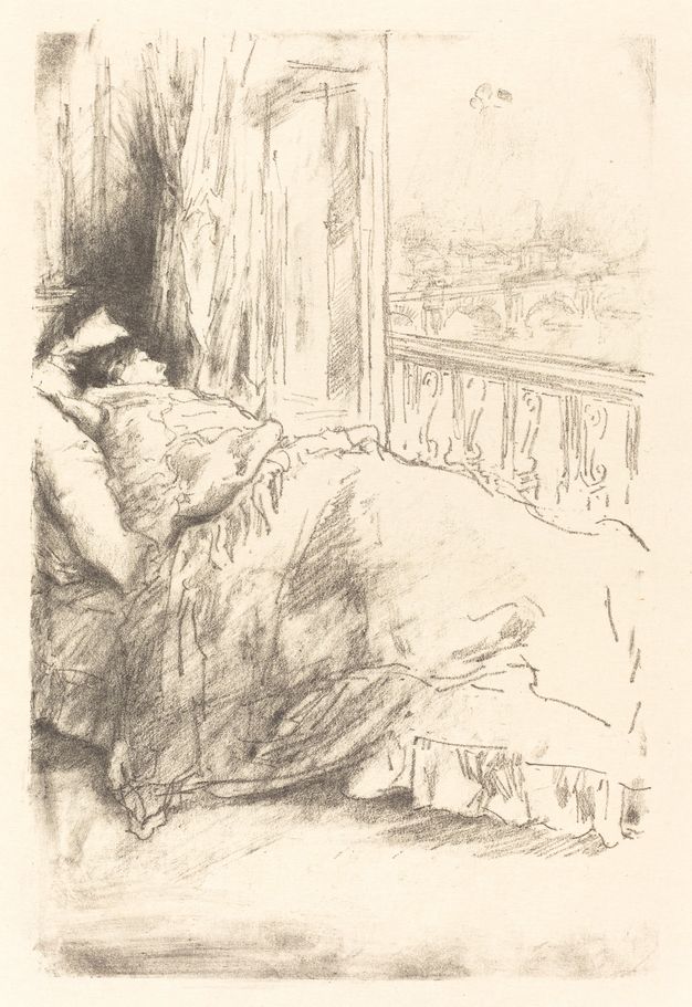 Print. A woman swathed in blankets lies back on pillows on a sofa placed near a balcony door. The city skyline is loosely drawn in the distance over the balustrade railing.