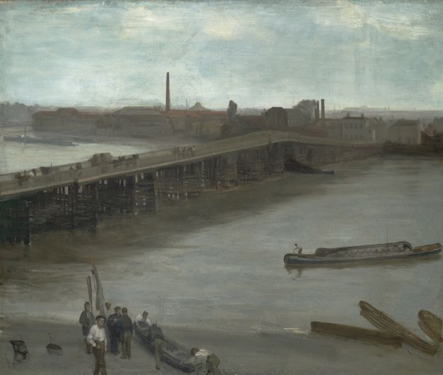 Painting. A bridge supported on lattice-like piers crosses a river from the left edge of this painting into the distance, to our right. Eight men gather or work around a rowboat on the grey beach, along the bottom edge of the composition. The landscape is painted in tones of iron grey and ash brown, with the hint of a blue sky in the top sixth of the composition.