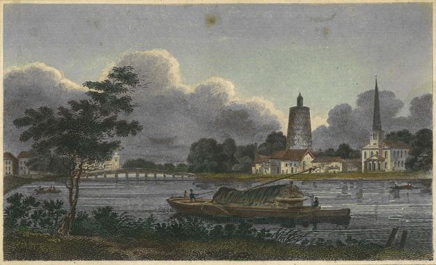 Print. Hand-coloured engraving shows a barge on a river at twilight. A mill lines the far bank next to a church with a pointed spire.