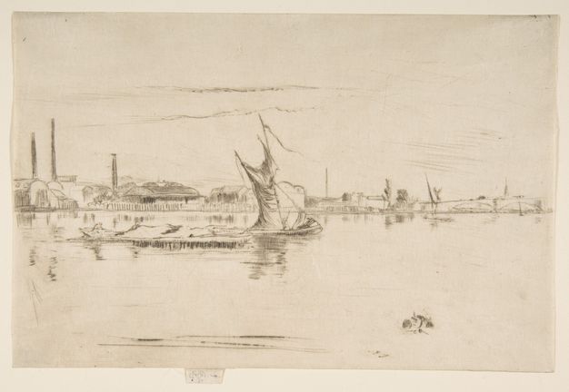 Print. A barge floats across the clear surface of a river, which is lined on the far bank with factory buildings and smokestacks in this etching.