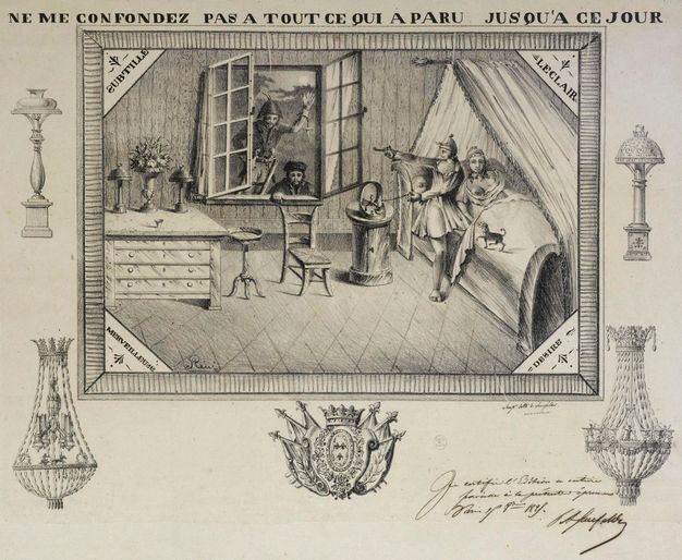Print. Two people look from a window into a bedroom. A man and woman are in bed, the woman with one breast exposed. The man half-stands as he lights a lamp with one hand and points a revolver with the other. Four lamps and chandeliers are drawn around the illustration.