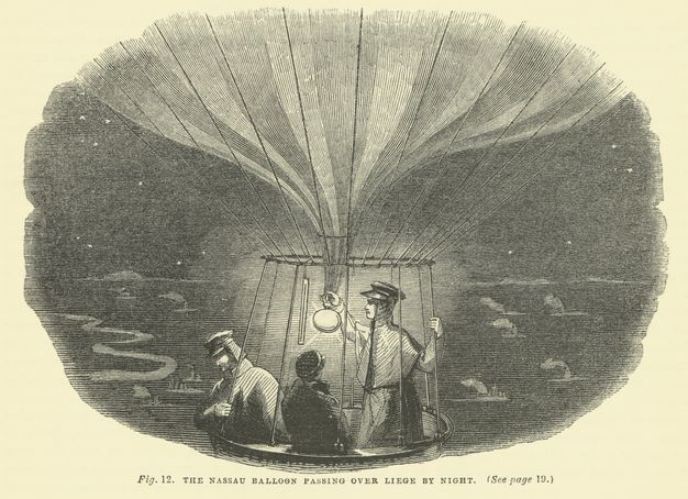 Print. Three men look out onto a dark night from the basket of a balloon in this black and white illustration.