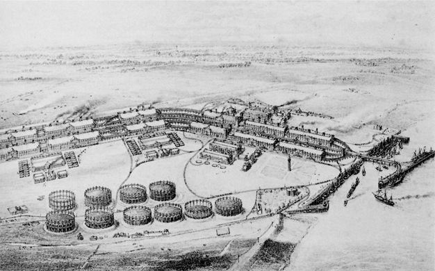 Drawing. We look down onto a complex comprising rectangular and round buildings sprawling next to a riverbank.