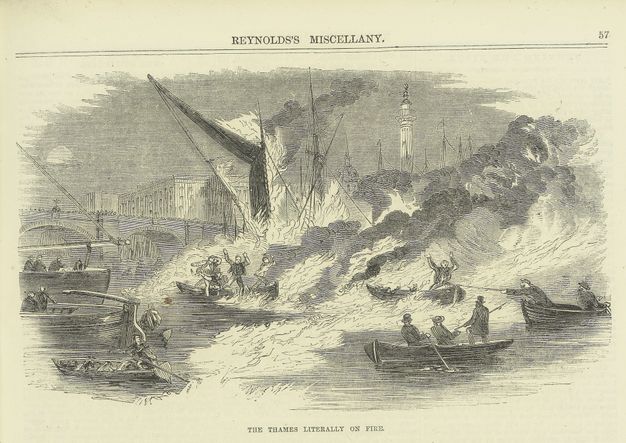 Print. Flames pour across the surface of a river. Men prepare to jump from one row boat caught in the fire. Another boat is being towed by a third, as more boats cluster around and people look on. The bright flames are the white of the paper in this engraving.