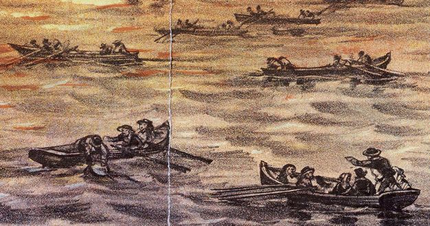 Print. People in several rowboats pull objects from the water, which is lit yellow and orange from flames outside this view.