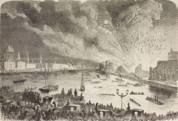 Print. Huge crowds of people gathered on a bridge along the bottom edge of this engraving are backlit by an explosion of light farther down the riverbank, to our right.