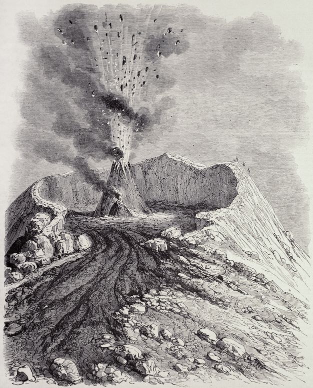 Print. Light explodes from a conical structure in the crater at the top of a volcano. Lava pours down towards us, along the ridge of the mountain in this vertical engraving.