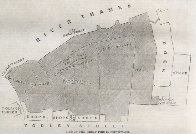 Plan. Hemmed by the “River Thames” above and “Tooley Street” below, several areas are greyed out in this engraving. These include “Chamberlain’s Wharf”, “Cotton’s Wharf”, “Depot Wharf”, and “Hay’s”. The “Spot where fire began” is in Cotton’s Wharf and “Here the fire ended” is on the far side of Hay’s.
