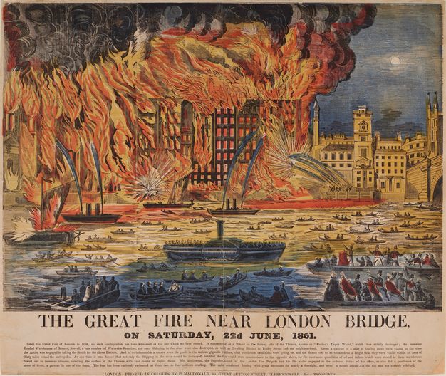 Print. A coloured woodcut is saturated with orange and yellow, which reflect on the river below. The moon hangs in the corner of blue sky at the upper right, and blue is also reflected in the water along the bottom edge of the composition. The title and a long caption are below.
