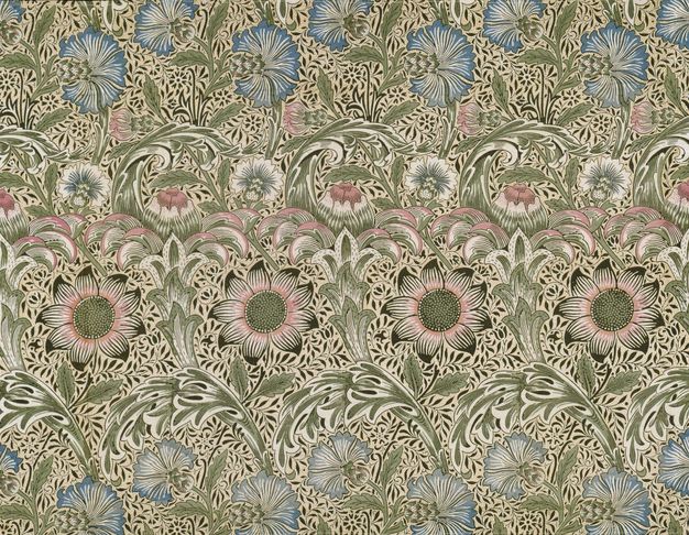 Textile. Rows of blue, white, or pink and black flowers are separated by swirling olive-green leaves. Tiny vines and leaves fill in the spaces between the larger specimens. The pattern is against a cream-white background.