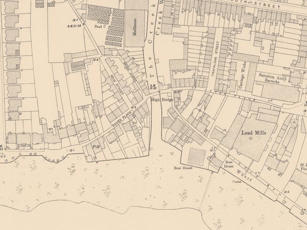 Map. A building is highlighted in blue at the edge of a residential area off of Doves Place.