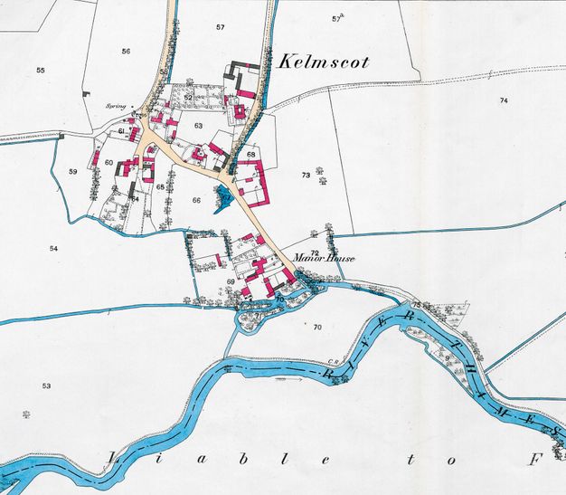 Map. A “Manor House” is off a bend of the River Thames. The river and some channels are painted blue, and some of the buildings bright pink. Lanes are painted yellow in an area labelled “Kelmscott”.