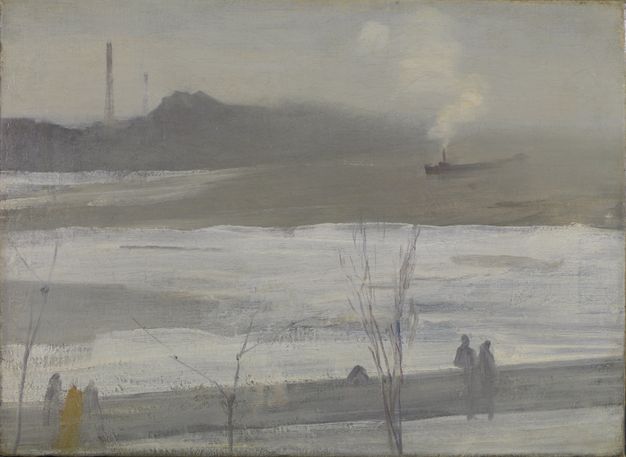 Painting. Broad brushstrokes in white, steel grey, and ash brown laid across a canvas capture a snowy river landscape. Loosely painted silhouettes of people stand at a wall along the bottom edge of the canvas. A boat puffs steam on the river, to our right.