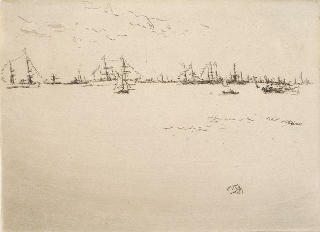 Print. About ten boats ranging in size from rowboats to double masted ships line the horizon, which comes two-thirds of the way up this etching. Much of the rest of the paper is blank, with only a few flicks to suggest rippling waves or clouds in the sky.